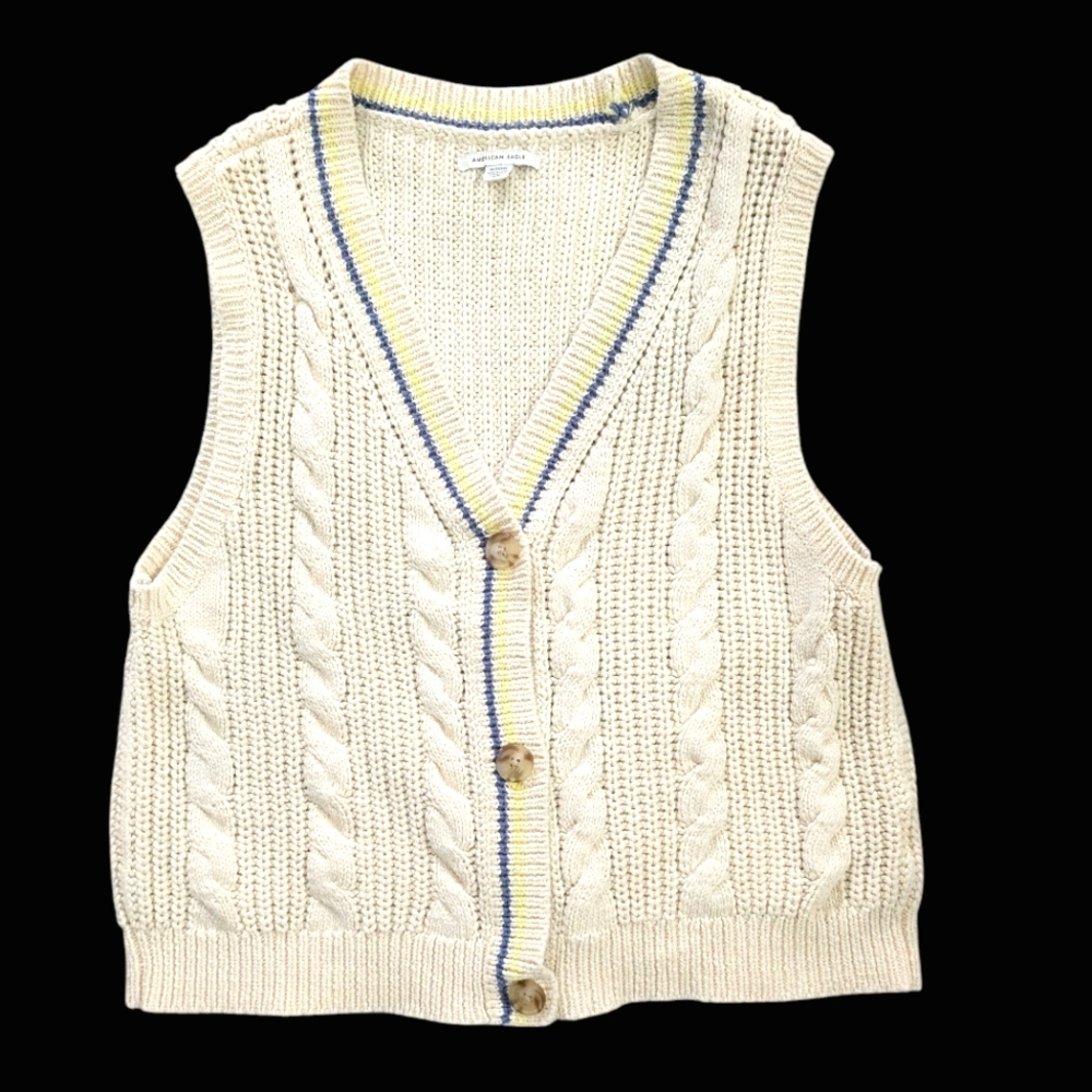 American Eagle Cable Knit Cardigan Sweater V Neck Preppy‎ Tenniscore Academia